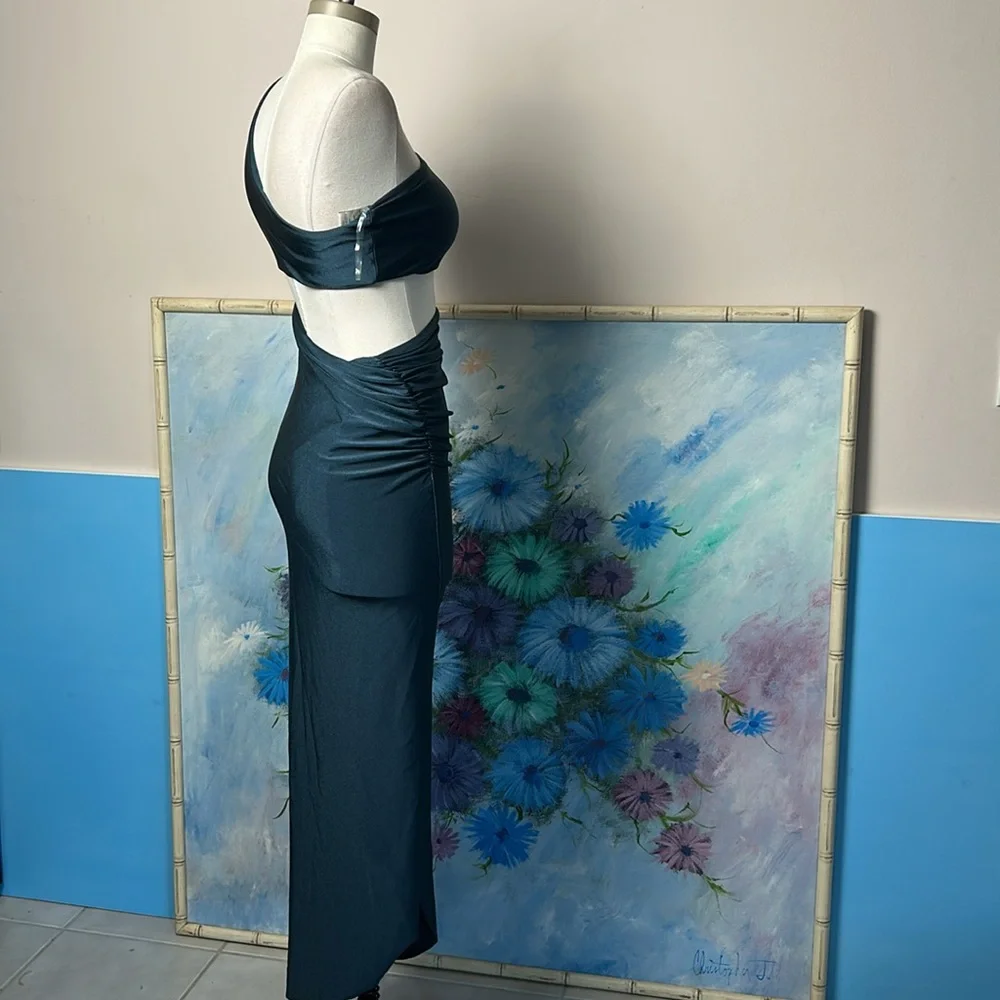 Eugenia Fernandez  One-Shoulder Teal Dress Ruched Side Maxi Open side small - Picture 7 of 17